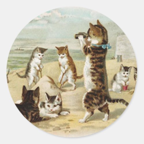 Cats At The Beach _ Vintage Helena Maguire Classic Round Sticker