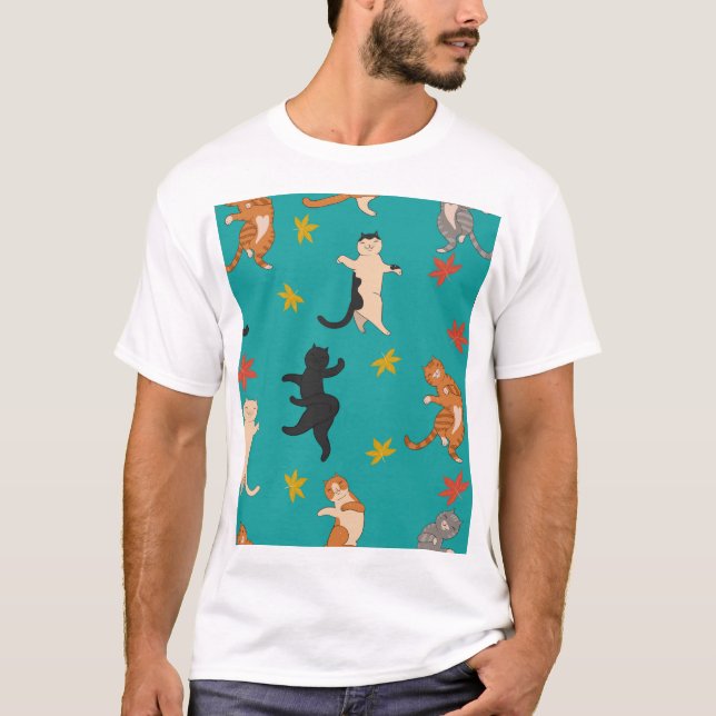 Cats, autumn foliage, cute pattern T-Shirt (Front)