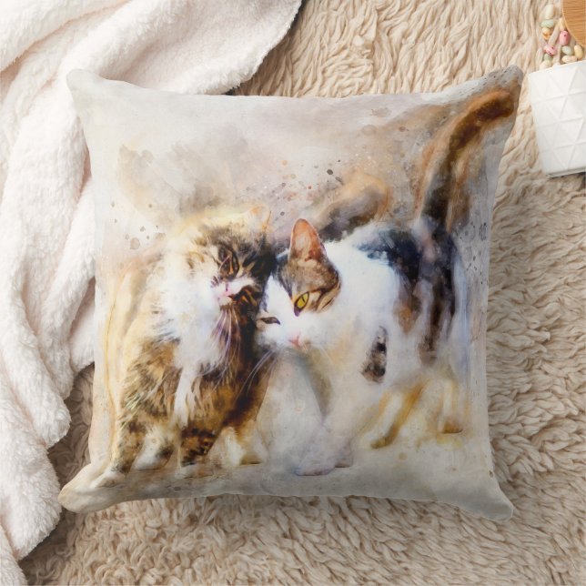 Cats Best Friends Forever watercolor Throw Pillow (Blanket)