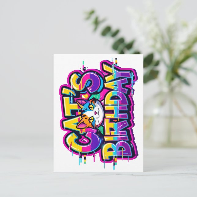 Cat's Birthday Rainbow Glitch Invitation Postcard (Standing Front)