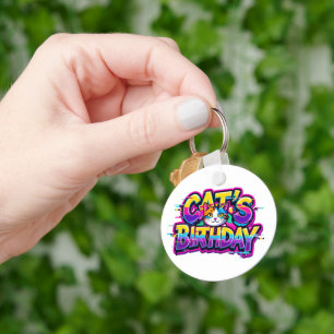 Cat's Birthday Rainbow Glitch Keychain