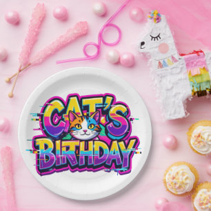 Cat's Birthday Rainbow Glitch Paper Plates
