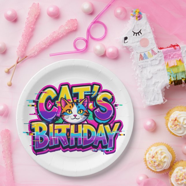Cat's Birthday Rainbow Glitch Paper Plates (Party)