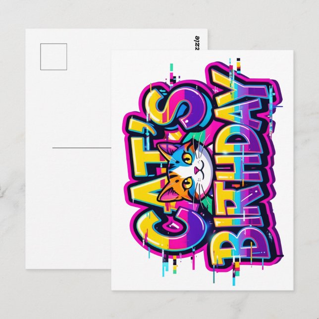 Cat's Birthday Rainbow Glitch Postcard (Front/Back)