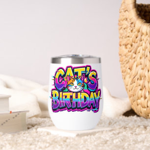 Cat's Birthday Rainbow Glitch Thermal Wine Tumbler