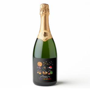 Cats Black Cat Halloween and Merry Christmas Happy Sparkling Wine Label