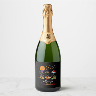 Cats Black Cat Halloween and Merry Christmas Happy Sparkling Wine Label