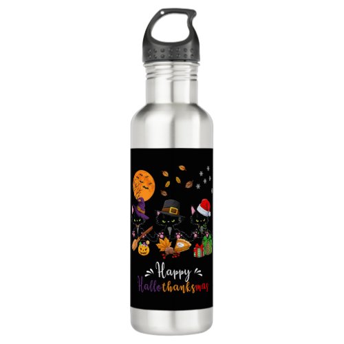 Cats Black Cat Halloween and Merry Christmas Happy Stainless Steel Water Bottle