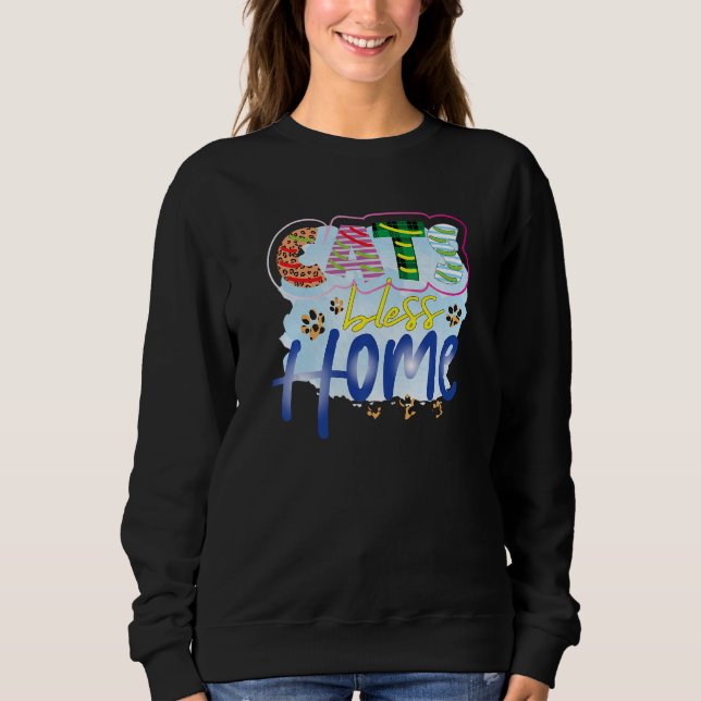 Cats Bless Home Graphic Patchwork Cat Sweatshirt (Front)