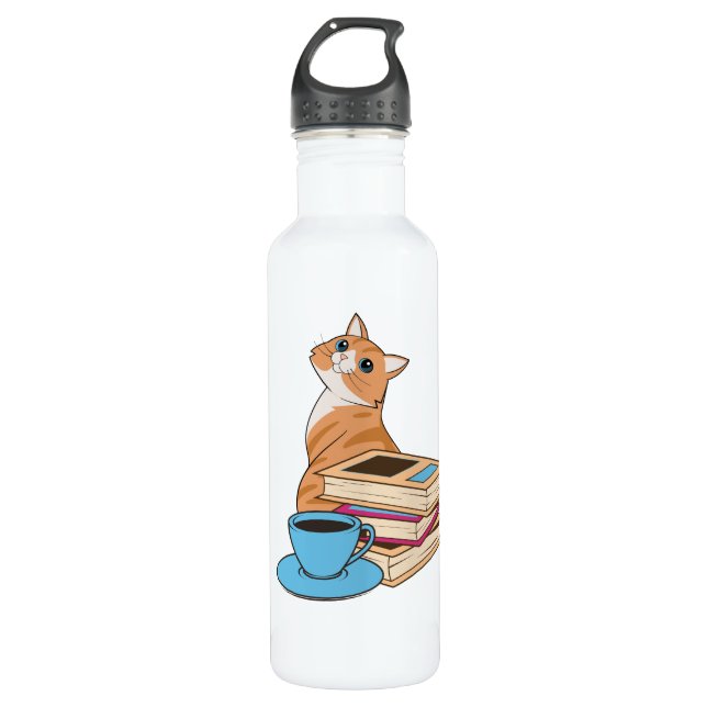 Cats, Books and Coffee Cute  Stainless Steel Water Bottle (Front)