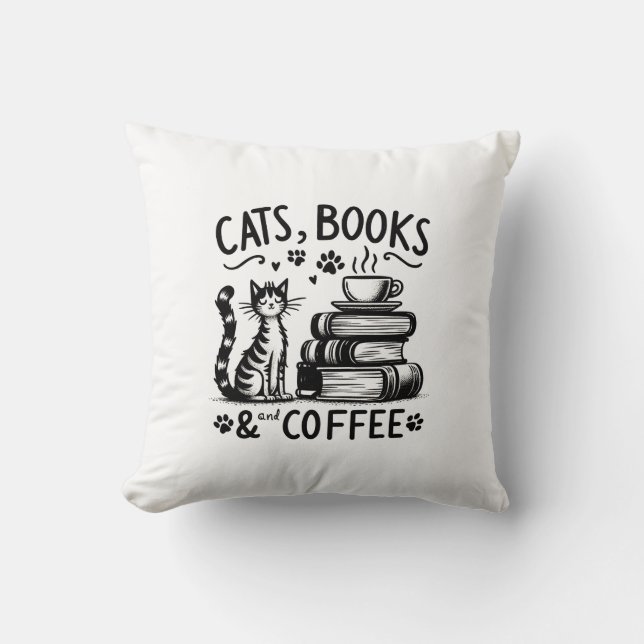  Cats, Books, and Coffee Throw Pillow (Front)