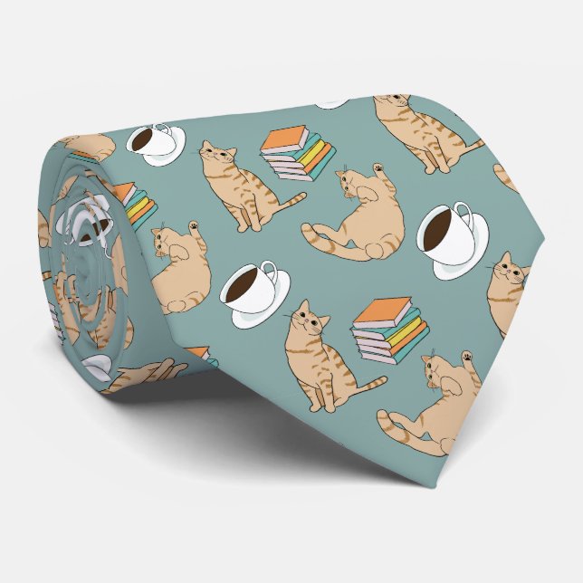 Cats Books And Coffee Time Neck Tie (Rolled)