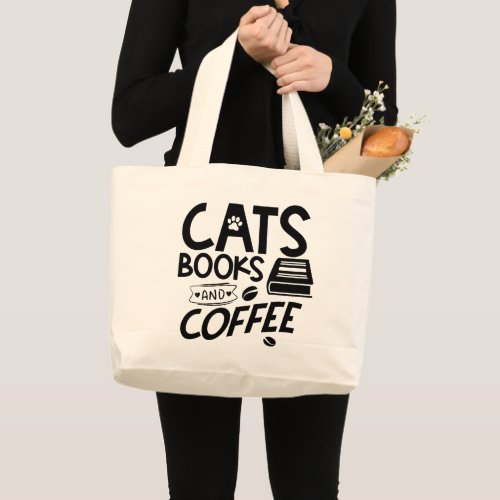 Cats Books Coffee Lover Reading Cute Cat Large Tote Bag