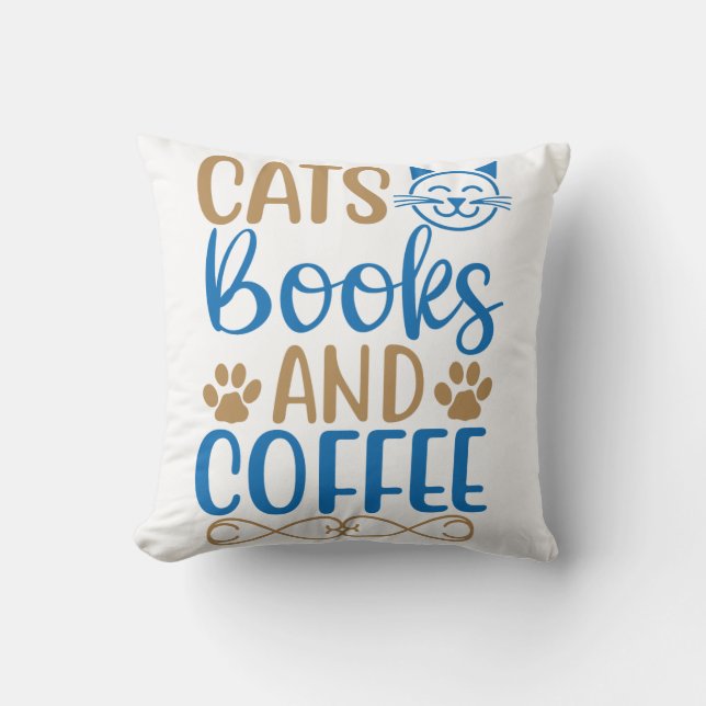 Cats, Books & Coffee Throw Pillow (Front)