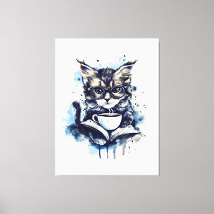 Cats Books Coffee Watercolor Boho Abstract Canvas Print