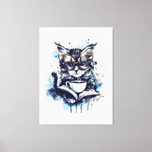 Cats Books Coffee Watercolor Boho Abstract Canvas Print