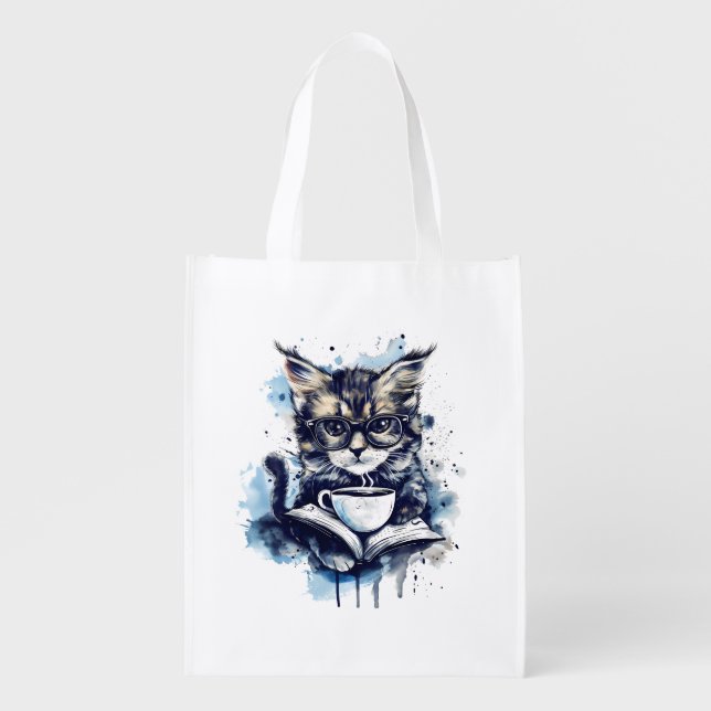 Cats Books Coffee Watercolor Boho Abstract Grocery Bag (Front)