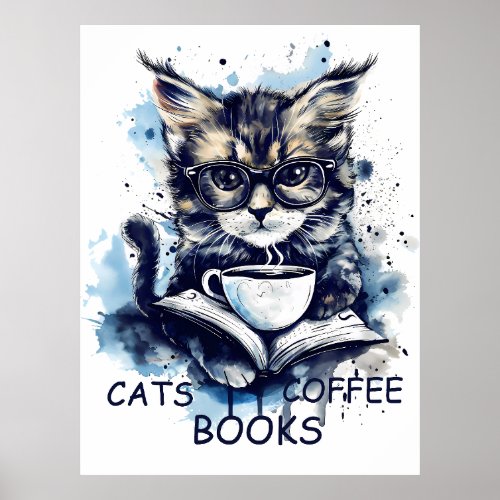 Cats Books Coffee Watercolor Boho Abstract Poster