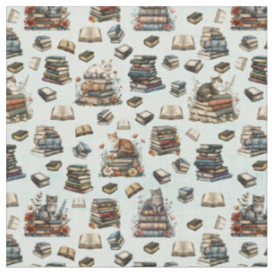 Cats & Books on Light Green Fabric