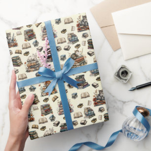 Cats & Books on Light Yellow Wrapping Paper