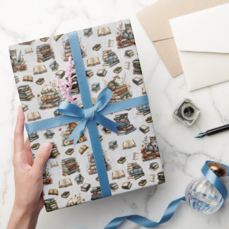 Cats & Books on Pale Gray Wrapping Paper