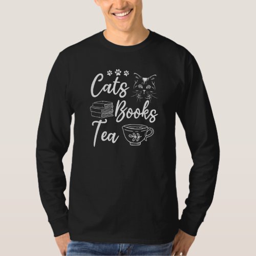 Cats Books Tea Book Reading Cat Owner Book T_Shirt