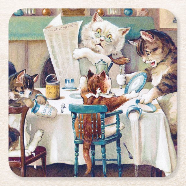 Cat's Breakfast Time, Louis Wain Square Paper Coaster (Front)