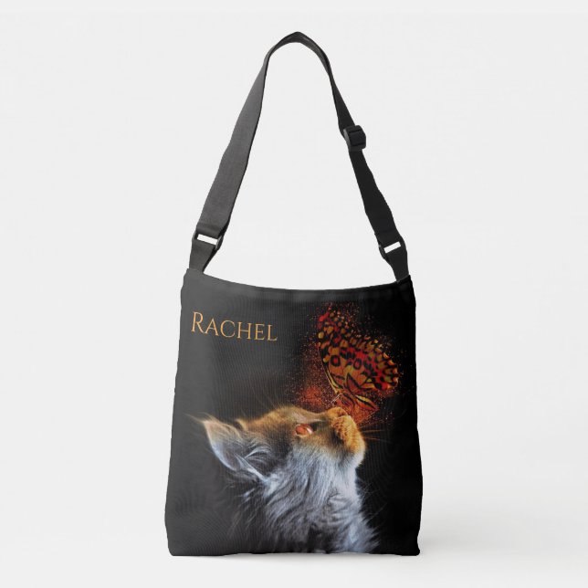 Cat's Butterfly Kisses Personalized Name Crossbody Bag (Front)