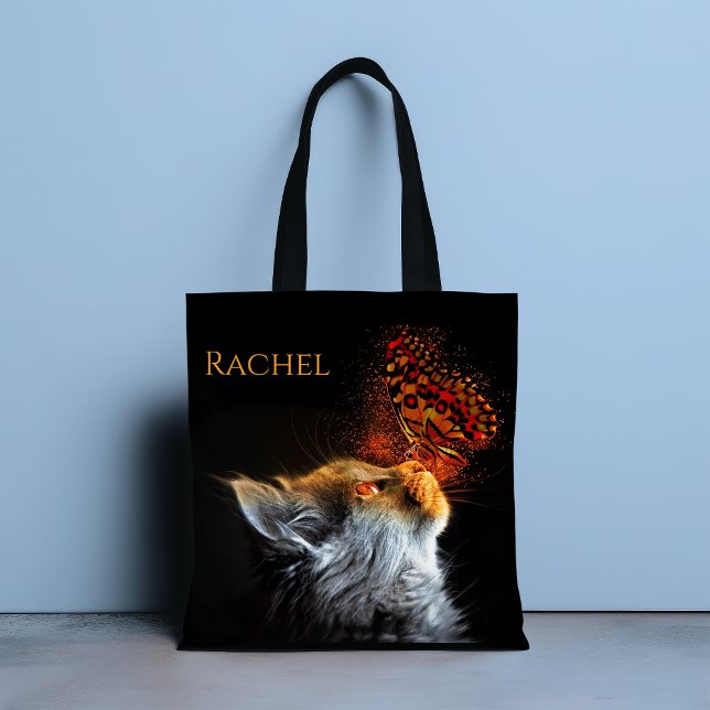 Cat's Butterfly Kisses Personalized Name Tote Bag (Creator Uploaded)
