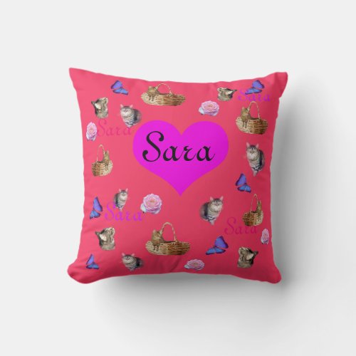 Cats Butterfly Roses Design For Girls Called Sara Throw Pillow