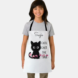 Cats Calm the Soul Cute Black Cat in Pink Flowers Apron