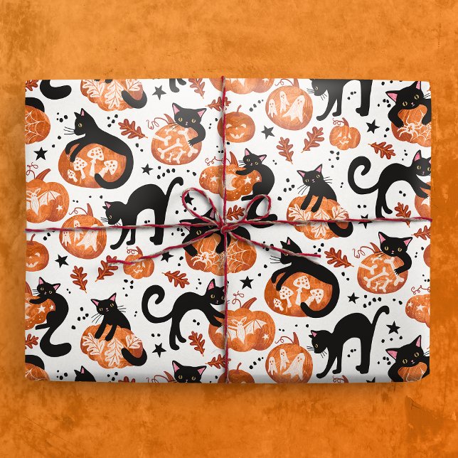 Cats Carving Halloween Jack-o'-lantern Pumpkins Wrapping Paper (Gift Mickup)