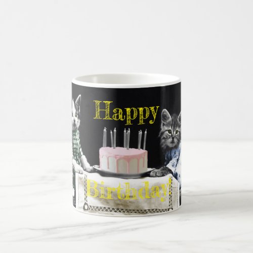 Cats celebrating a birthday with cake and candles coffee mug