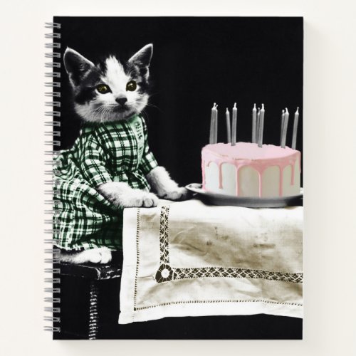 Cats celebrating a birthday with cake and candles notebook
