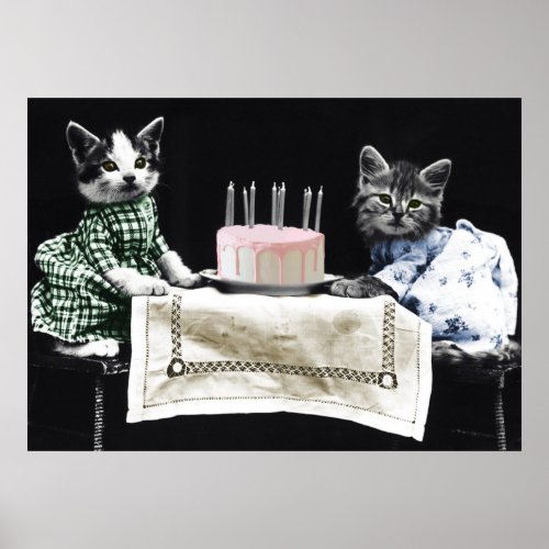 Cats celebrating a birthday with cake and candles poster