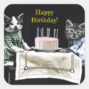 Cats celebrating a birthday with cake and candles square sticker