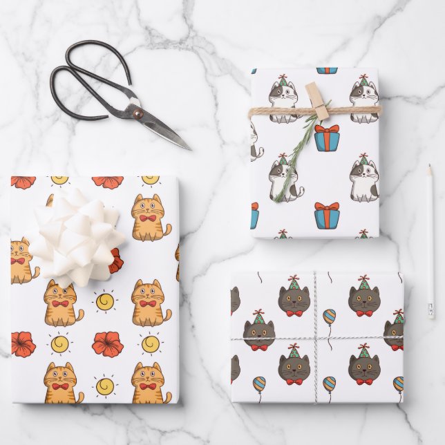 Cats Celebrating Wrapping Paper Set of 3 (Front)