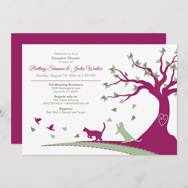 Cats Chasing Birds Couple's Shower Invitation (Front/Back)