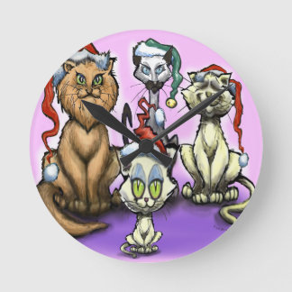 Cats Christmas Hats Round Clock