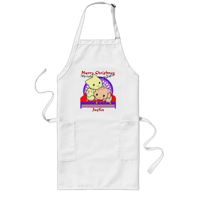 Cats christmas on bed, personalized name long apron (Front)
