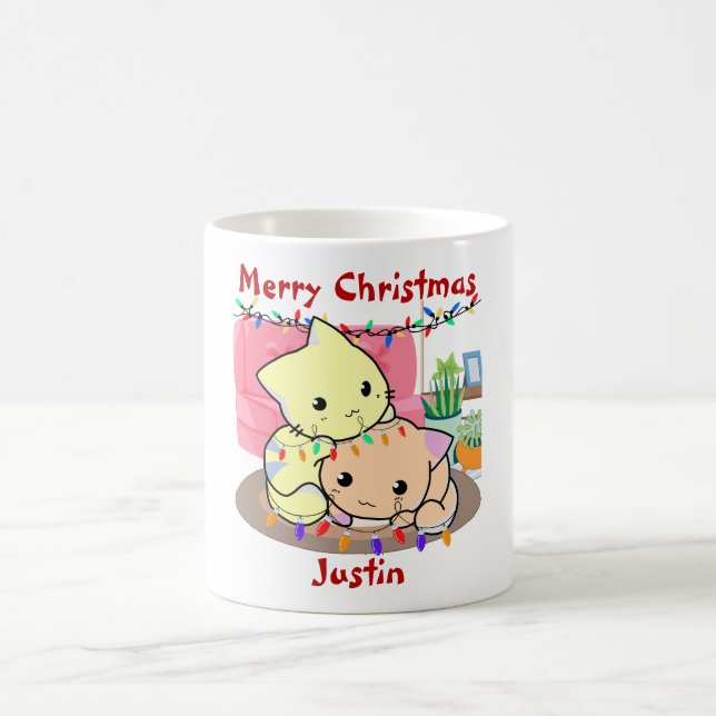 Cats christmas on mat, personalized name  coffee mug (Center)