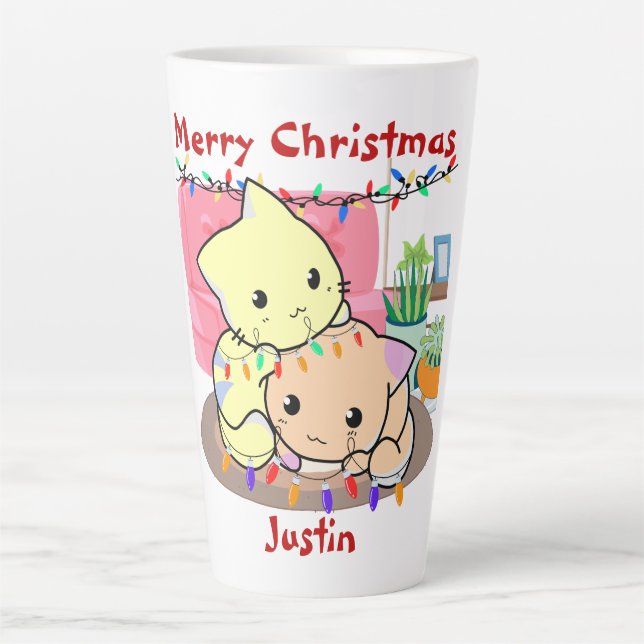 Cats christmas on mat, personalized name   latte mug (Front)