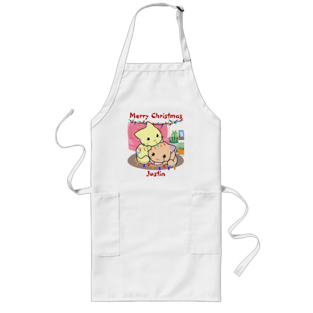 Cats christmas on mat, personalized name long apron (Front)
