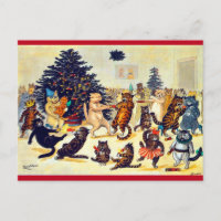 Louis Wain Christmas postcard 1904. Cat riding a dog with others watching