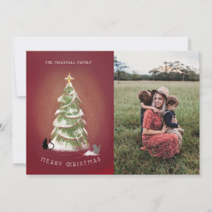 Cats Christmas Tree Illustration Red Holiday Photo Card