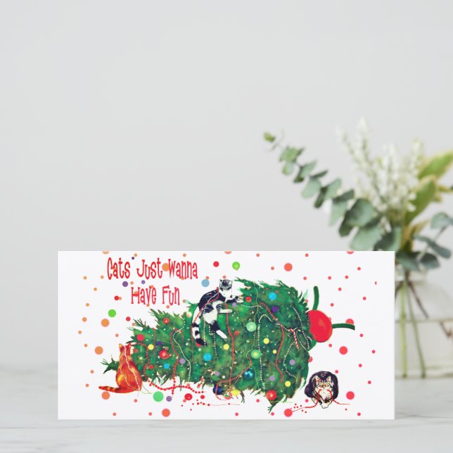 Cats Christmas Tree Mischief Holiday Card (Standing Front)