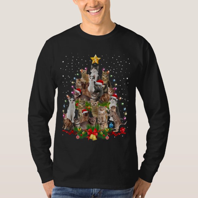 Cats Christmas Tree Xmas Lights Funny Cat Mom Cat  T-Shirt (Front)