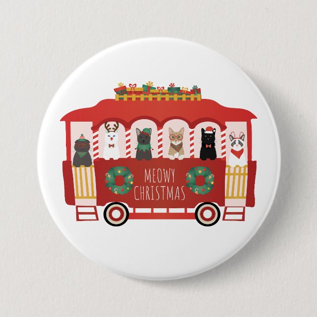 Cats Christmas Trolly Meowy Christmas Button (Front)