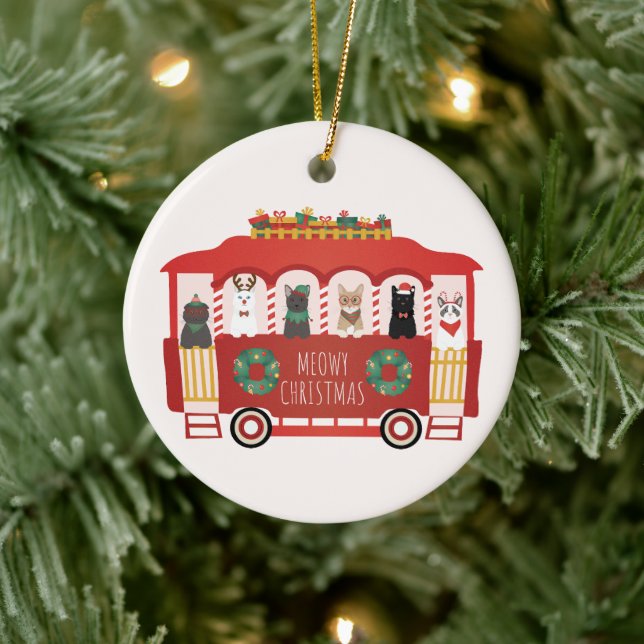 Cats Christmas Trolly Meowy Christmas Ceramic Ornament (Tree)