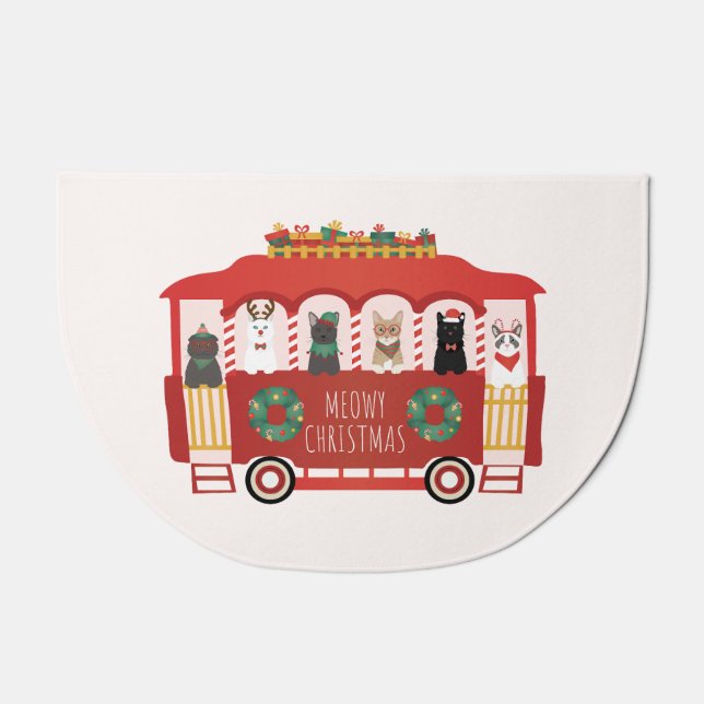 Cats Christmas Trolly Meowy Christmas Doormat (Front)